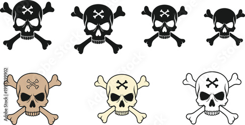 Skull and crossbones set pirate danger symbols black and colored variations vector illustration isolated on light background