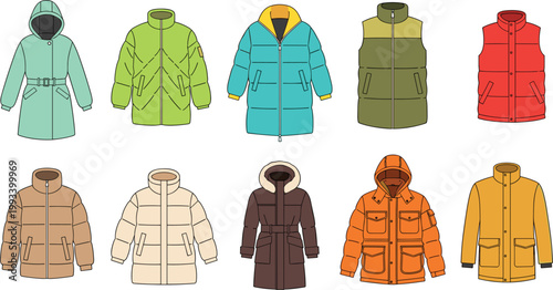Winter jackets and coats set with different styles hooded padded and vest outerwear collection vector illustration isolated on light background