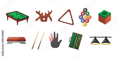Billiard icons set, billiard and snooker equipment icon set collection 