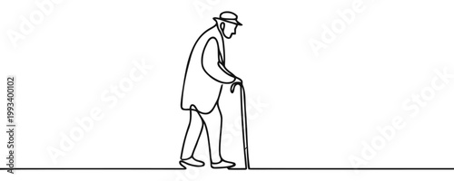 Elderly man in hat walking with cane single line drawing