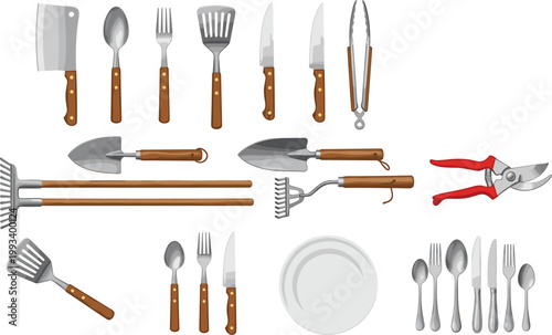Kitchen utensils and gardening tools set including knives forks spatula shovel rake and pruners vector illustration isolated on light background