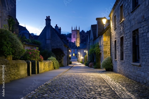Cobblestone Street Lined With Green Plants and Warm Lights in a City Neighbor...