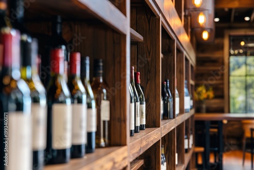 Wine Bottles on Wooden Shelves in a Restaurant During the Day