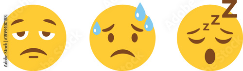 A sequence of three yellow emoji faces depicting sadness distress and sleepiness conveying a range of negative emotions