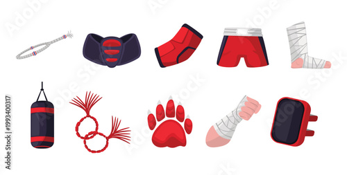 Muay thai icon set, sport equipment for muaythai martial arts vector image, thai boxing icon set 
