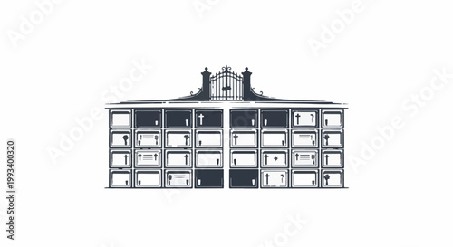 Ornate mausoleum entrance with rows of niches and decorative gates