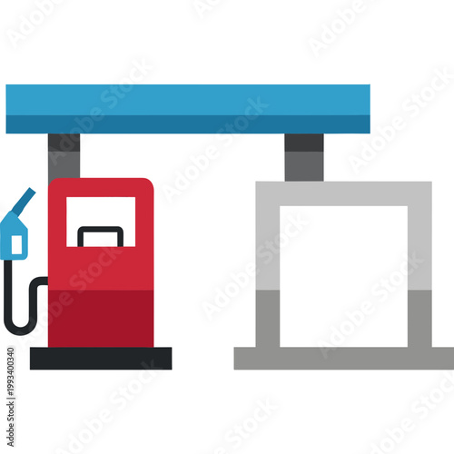 A fuel pump stands beside an empty gas station canopy outdoors.