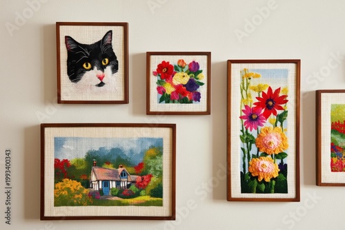 Wall Display of Embroidered Art Featuring Flowers and a Cat in a Cozy Room Se...