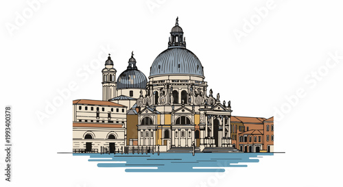 Ornate Italian basilica with domes, flanking towers, and a canal