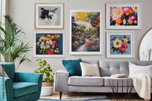 Wall Display of Embroidered Art Featuring Flowers and a Cat in a Cozy Room Se...