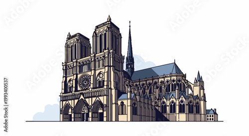 Ornate gothic cathedral structure with tall spires, rose window, and arched entrances