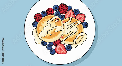 Pancakes drizzled with white sauce and topped with fresh berries on a white plate
