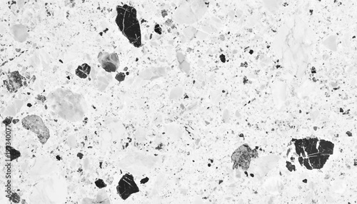 Seamless monochrome terrazzo texture background vector illustration with abstract grey and white stone fragment pattern.