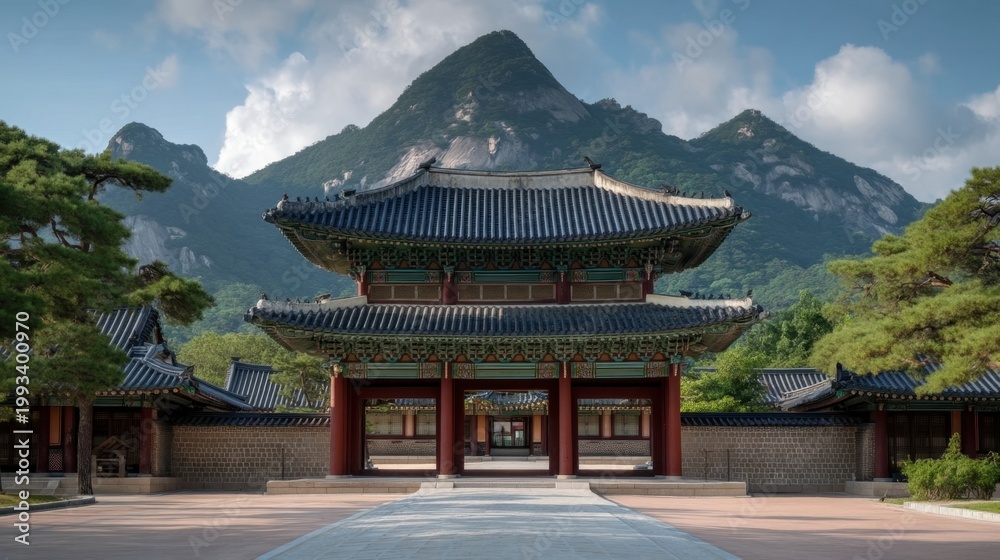 Fototapeta premium Stunning Full Shot of an Ancient Korean Palace Surrounded by Lush Mountains and Vibrant Sky