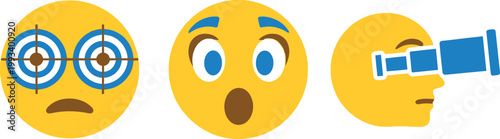 Three yellow emoji faces depict varying states of being targeted surprised and obscured creating a visual narrative