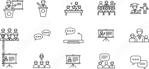 Education Training Presentation Outline Icon Set Featuring Teacher Students Classroom Seminar Lecture Discussion Webinar Learning Symbols for Academic Business Use