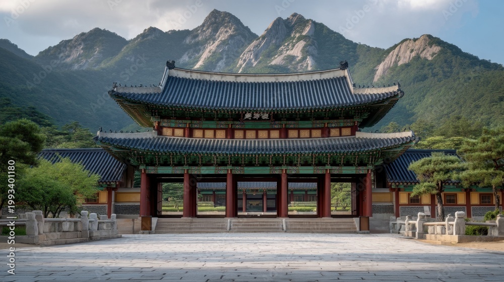 Obraz premium Traditional Korean Palace Gate Surrounded by Lush Mountains and Scenic Nature with Clear Sky in the Background