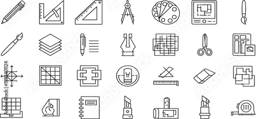 Graphic Design Tools Outline Icon Set with Pencil Ruler Compass Palette Pen Tablet Scissors Grid Drawing Equipment Symbols