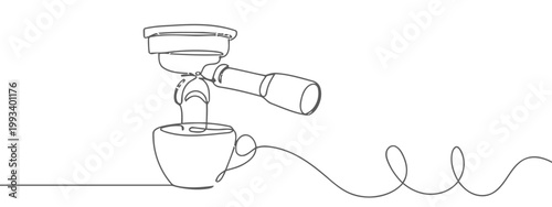 Espresso machine pouring coffee into cup continuous line drawing