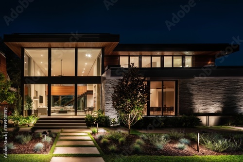 Modern House at Night With Outdoor Lighting and Landscaped Garden