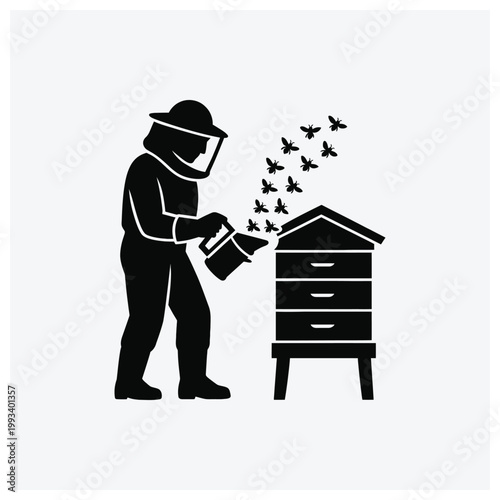 Illustration of a worker spraying bugs or pests away from a storage or wooden box.