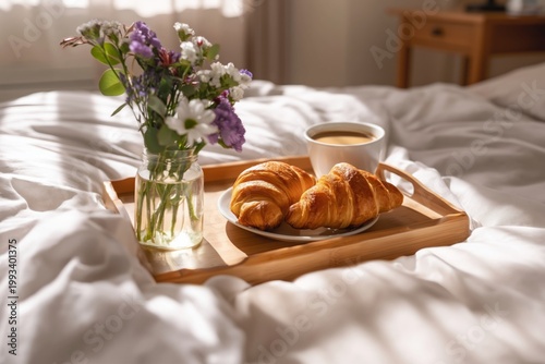 Breakfast Tray With Coffee Croissants and Flowers on a Bed During Morning Hours