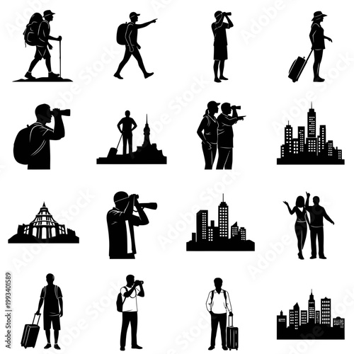 Travel and Exploration Icons: Hikers, Tourists, Cityscapes, Landmarks, Photographers