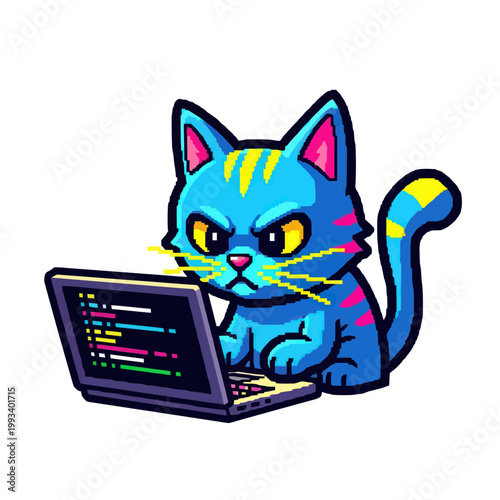 Cute Blue Cat Character Coding on Laptop, Programming Concept