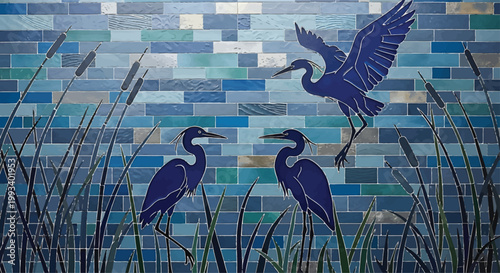 Blue Herons Mosaic Art with Reeds in Water