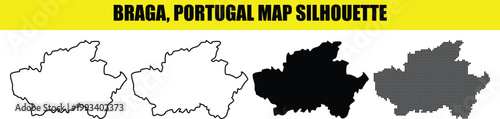 Braga portugal map silhouette. black and white outlines. country map geography shape design template.
