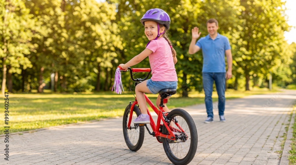Obraz premium A young girl in a pink shirt and helmet riding a red bicycle while an adult waves in a sunlit park