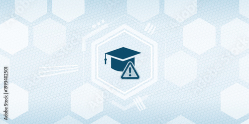 Abstract concept of digital education warning symbol with mortarboard cap icon on a light blue technological hexagonal grid background, vector illustration design.