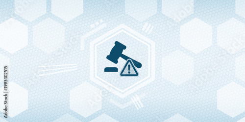 Digital legal alert concept featuring a gavel icon and warning sign symbol on a blue geometric honeycomb technology background for legal issues or compliance notifications