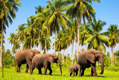 Elephants Walking Through a Lush Landscape With Palm Trees in Bright Daylight