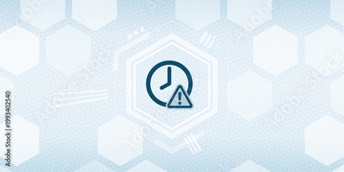 Abstract digital background with a clock and warning triangle symbol in a hexagon frame, representing time management issues, deadline alert, or system latency problem