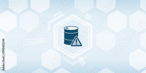 Industrial waste container icon with hazard warning sign on a digital technological blue honeycomb background representing chemical environmental risk and safety management