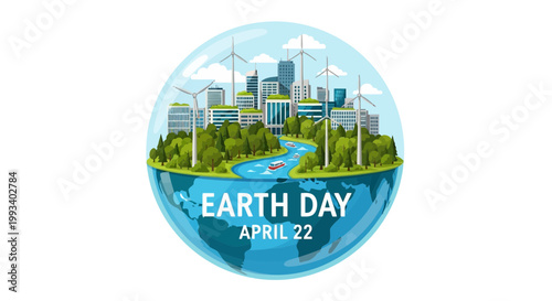 Earth Day icons, eco friendly globe, environmental awareness, sustainable cityscape
