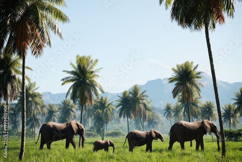 Elephants Walk Across a Grassy Field With Palm Trees Under a Clear Sky in the...