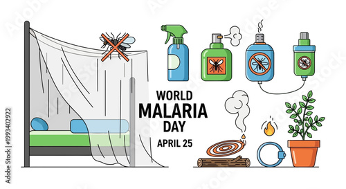 World Malaria Day, mosquito prevention, medical awareness, health campaign, vector icons