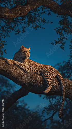Leopard Resting on Tree Branch at Dusk  