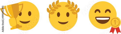 Three yellow emoji faces depicting achievement and success with a trophy and crown
