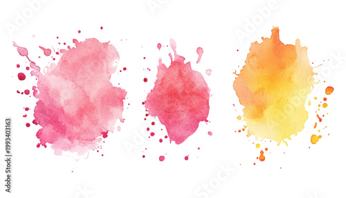 Colorful watercolor paint splash and stain splatter vector illustration set for vibrant creative background design. 