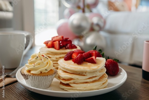 Delicious Pancakes Topped With Fresh Strawberries and Cupcakes at a Gathering...