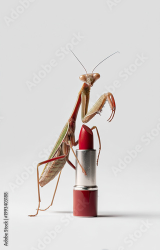Praying Mantis on Red Lipstick Tube  