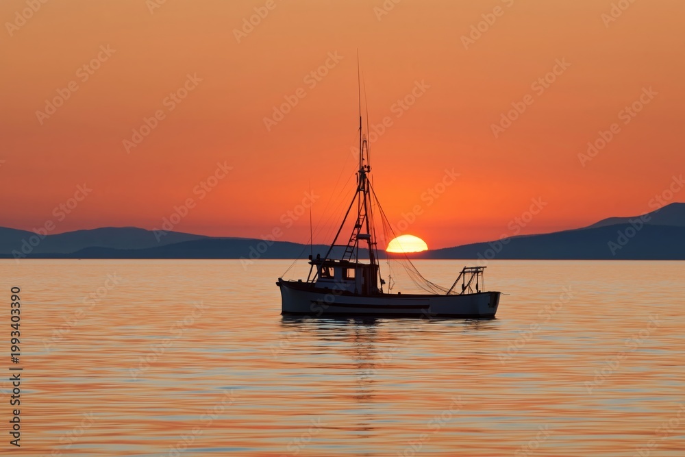 Naklejka premium Fishing Boat on Water With Sunset View Behind It in Serene Location Near Mountains