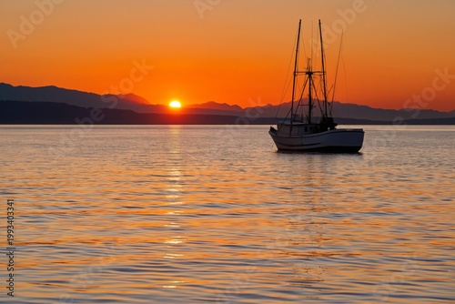 Fishing Boat Heads out to Sea During Sunset in a Coastal Area