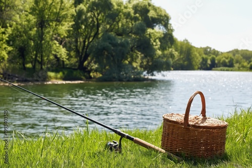 Fishing Gear and Basket by the Riverbank During Daytime in a Green Setting