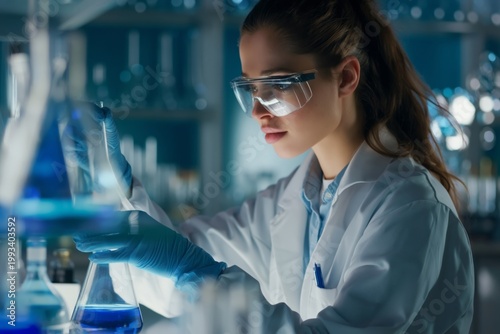 Scientist Works in Laboratory With Blue Liquids in Glass Beakers During Eveni...