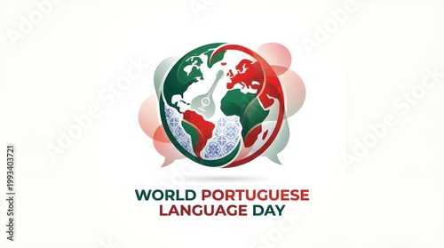World portuguese language day logo with globe, portuguese guitar and azulejo tiles