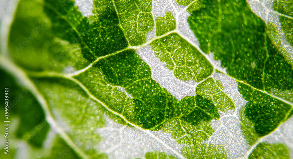Fototapeta premium View of Variegation Leaf Surface Showing Plant Cells For Education. Leaf in Macro Shot Background. Bright Green Leaves of Plant or Tree With Texture and Pattern Close Up